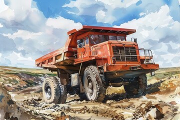 Obraz premium Illustration of a large orange dump truck working in a mine under a dynamic sky