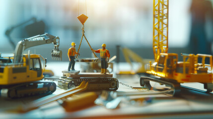 Miniature construction workers meticulously plan and execute tasks on a detailed construction site model, illustrating the complexities of engineering.