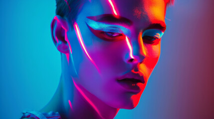 A striking portrait using neon lights casts dramatic colors on a person's face, accentuating angular features and a futuristic aesthetic.