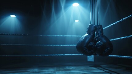Empty boxing ring with hanging gloves under dramatic blue lighting, creating a moody and intense scene in a dark gym environment.