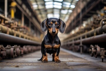 Portrait of a curious dachshund in front of bustling factory floor