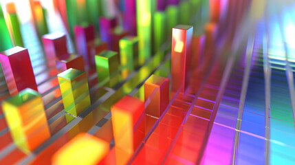 A perspective view of a multicolored bar chart with a blurred background, emphasizing data trends and analysis.