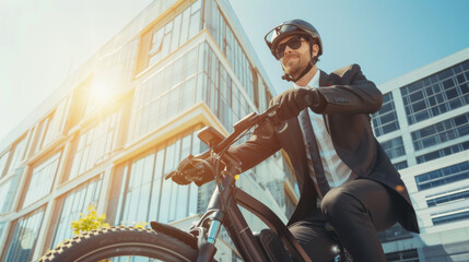 A man in a business suit rides a bicycle through the city with a joyful expression, sunlight shimmering off the glass buildings in the background.