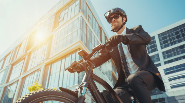 A man in a business suit rides a bicycle through the city with a joyful expression, sunlight shimmering off the glass buildings in the background.