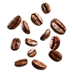Obraz premium Floating coffee beans in the air falling isolated on transparent background