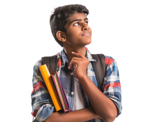 Indian teenager pondering future career paths with backpack and books 