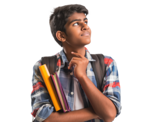 Indian teenager pondering future career paths with backpack and books 