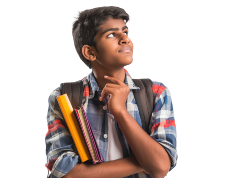 Indian teenager pondering future career paths with backpack and books 