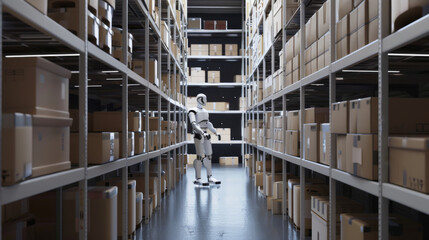 Obraz premium A robot stands amid towering shelves in a warehouse, emphasizing the advancement of automated storage and retrieval systems.
