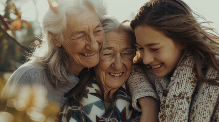 Fototapeta premium Three generations share a heartfelt embrace, radiating warmth and love under the gentle sunlight.