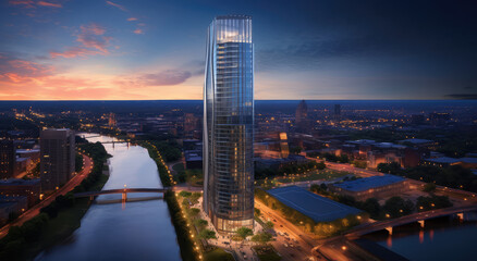 Fototapeta premium Stunning Skyscraper Overlooking City at Dusk