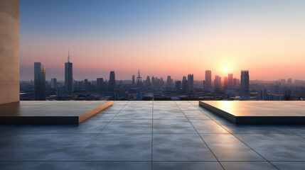 Modern Cityscape at Sunset from Rooftop