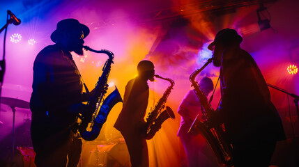 Saxophonists perform energetically under vivid, colorful stage lights, capturing the essence of live jazz.