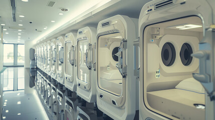 Fototapeta premium High-tech capsule hotel hallway with stylish, futuristic sleeping pods, accentuated by ambient linear lighting creating an ambiance of advanced lodging.