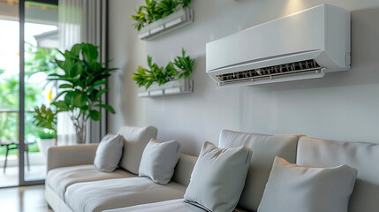 Air conditioner installed on the wall of a modern living room. Air conditioning in a home, pure air, clean air, temperature control, cold or heat. 