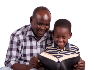Father and son engineers from Africa bonding over a book on Father's Day, isolated on a solid white background, sharing a special moment together.