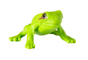 Naklejka premium Macro shot of a small green toy frog, front shot. Isolated on transparent background.