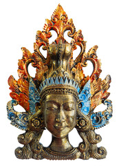 Exotic mask of the crowned goddess Tara, bodhisattva, female tantric deity, Tibetan Buddhism. Isolated on transparent background.