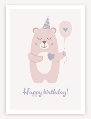 Сhildren's magic happy birthday elements. Birthday trendy greeting card in flat design. Cute bear illustration. Сhildren's party poster, banner or invitation. Cartoon design. Vector illustration.

