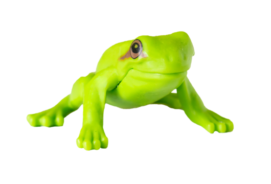 Macro shot of a small green toy frog, front shot. Isolated on transparent background.