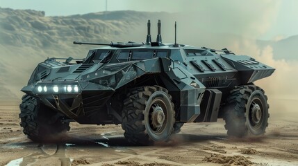 Military Armored Vehicle in a Desert Landscape