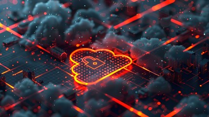 glowing cloud with a padlock icon on a dark background with abstract digital lines and clouds. Digital data protection concept, cyber security technology