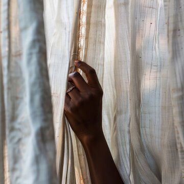 A hand slightly pulls back a flowing white curtain, inviting curiosity and a sense of mystery in this intriguing photograph.