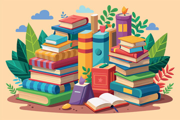 you can see a stack of colorful books of different sizes set against a background of clouds. themes of reading, education, e-learning, or a love of literature and technology in learning.