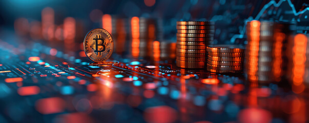 Close-up of cryptocurrency bitcoin with stacks of coins on a digital background representing blockchain technology and virtual currency economy.
