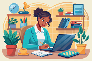 girl sitting at a desk and working on a laptop. books and papers, as well as a pot with a plant and a cup. work remotely or at home