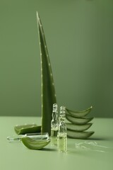 Skincare ampoules with extract of aloe vera and cut green leaves on color background