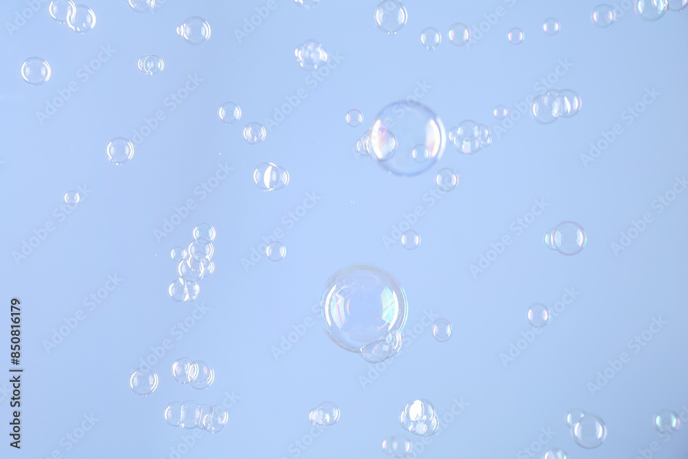 Sticker Beautiful transparent soap bubbles on light grey background