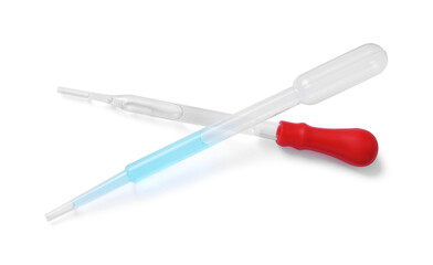 Two pipettes with liquid isolated on white, top view
