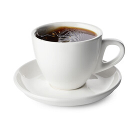 Cup with splashing coffee isolated on white
