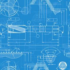 Mechanical engineering drawings on blue background. Tap tools, borer. Technical Design. Cover. Blueprint. Seamless pattern. Vector illustration.
