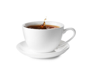 Cup with splashing coffee isolated on white