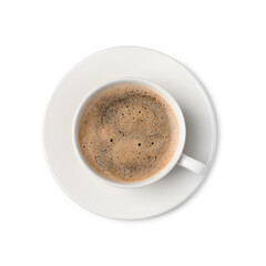 Tasty coffee in cup isolated on white, top view