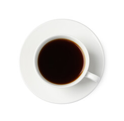 Tasty coffee in cup isolated on white, top view