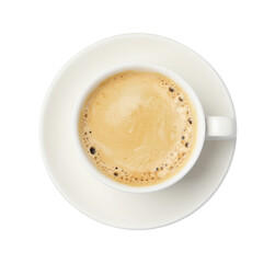 Tasty coffee with foam in cup isolated on white, top view