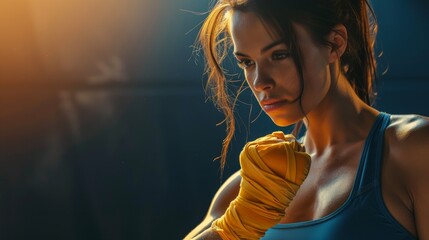 Focused young woman in sportswear wrapping her hands with boxing tape, preparing for a workout session in a dimly lit gym.