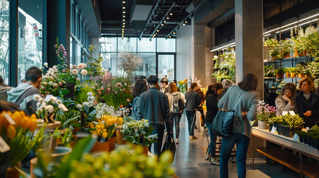 crowd of people browsing at a modern high end florist