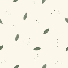 Seamless pattern. Butterflies. Vector illustration. Light background seamless pattern with multi-colored polka dots and leaves. Muted colors. Small drawing. Lots of air. Trendy colors and style.