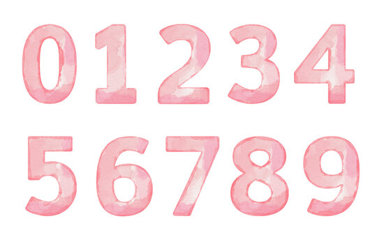 Watercolor pink numbers set 0- 9, design for cards