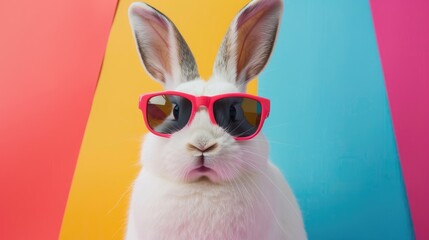 Fototapeta premium Bunny in trendy sunglasses in front of a bold, colorful backdrop, creating a lively and fashionable atmosphere.