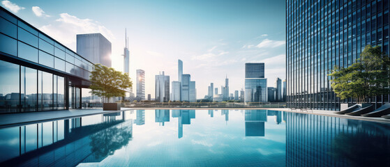 Modern Cityscape with Rooftop Pool Reflections