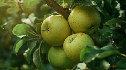 Green Apples Hanging from a Branch in an Orchard