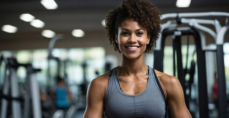 Portrait of a young, fit african-american woman wearing a grey t-shirt in a gym. Training services, fitness coaching, gym employee staff, body wellness, physical well-being, active lifestyle.