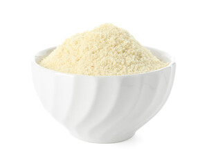 Fresh almond flour in bowl isolated on white