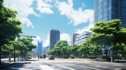 Modern Urban Street with Skyscrapers and Trees