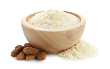 Fresh almond flour in bowl and nuts isolated on white